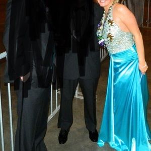 Mardi Gras ball gown turquoise/ beaded halter